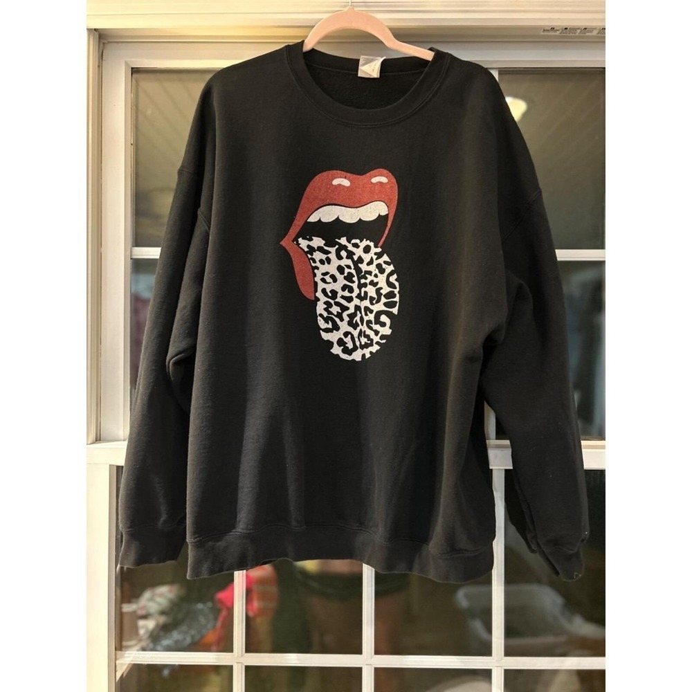 Rolling Stones Sweatshirt Leopard Animal Print Lips Tongue Logo Black 2XL Gildan